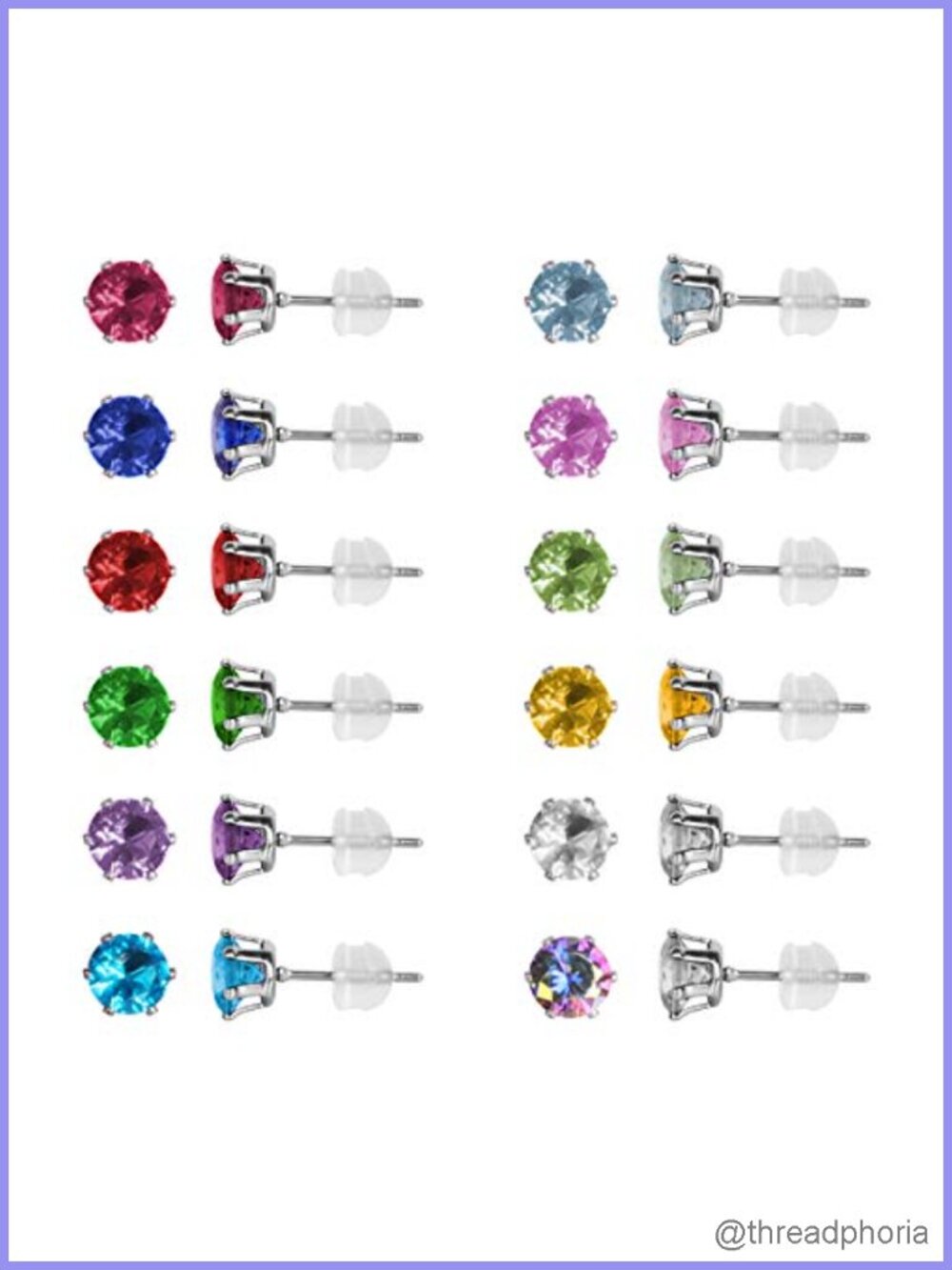 12 Pairs Stainless Steel CZ Stud Earrings for Women, Cubic Zirconia Birthstone